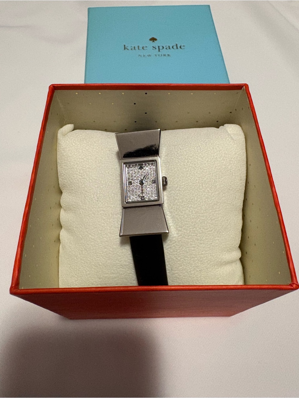 Kate Spade Silver Crystal-Studded Bow Dial Watch with Patent Black Strap